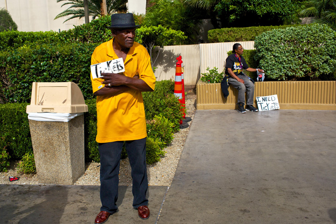 Irony, during the pre-fight excitement on the Las Vegas Strip on Saturday, May 2, 2015.