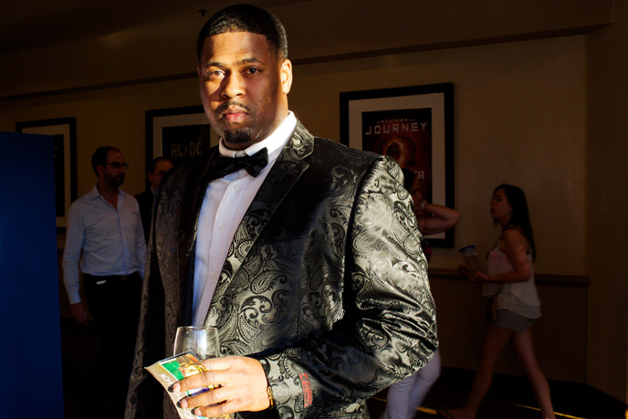 Beau Swindall, of Dallas, Texas, heads into the closed circuit viewing of the Mayweather vs. Pacquiao super fight at MGM Grand in Las Veags on Saturday, May 2, 2015.